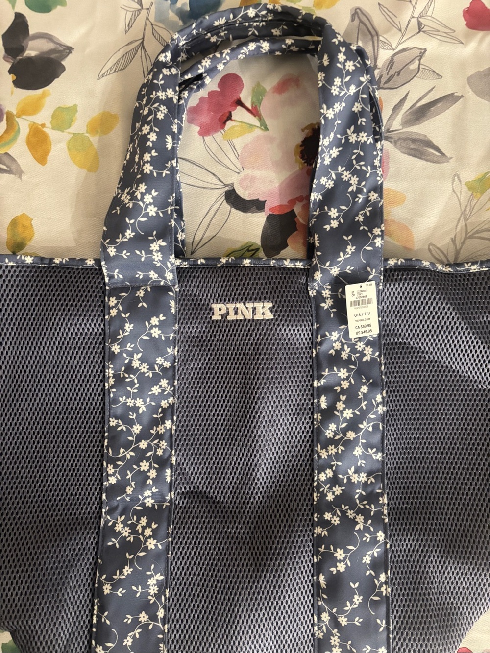 PINK Victoria's Secret Navy Floral Mesh Tote